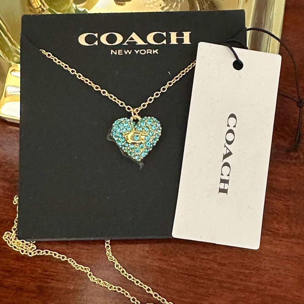 Coach Blue Pave Crystal Signature C Puffed Heart Necklace NWT - Picture 6 of 8